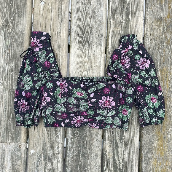 NWOT Zara Cotton Black Floral Ruffle Puff Sleeve Crop Top - Picture 2 of 7